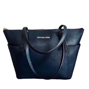 Michael Kors Navy Blue Shoulder Bag Leather Top Zip Double Strap Tote